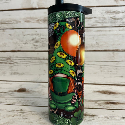 20 oz Skinny Duo Fantasy 3 Gnomes Green n Silver shown with black flip lid