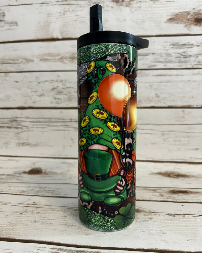20 oz Skinny Duo Fantasy 3 Gnomes Green n Silver shown with black flip lid