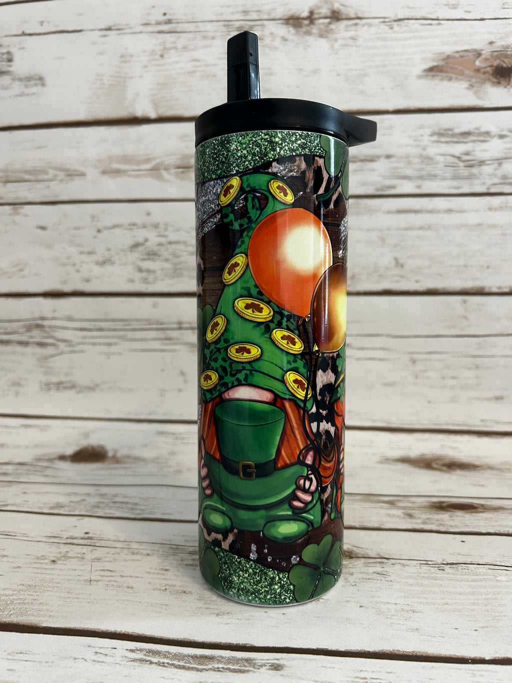 20 oz Skinny Duo Fantasy 3 Gnomes Green n Silver shown with black flip lid