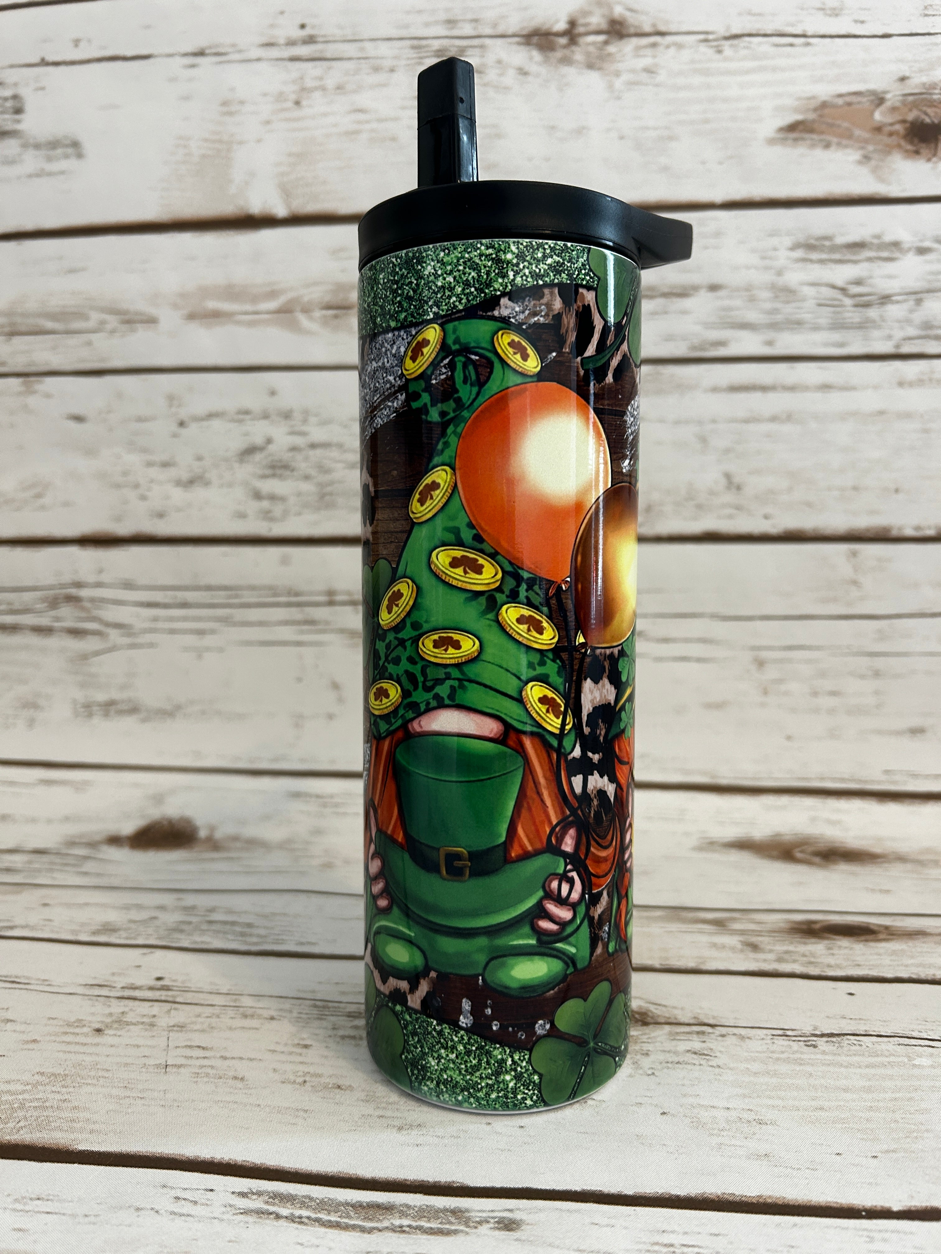 20 oz Skinny Duo Fantasy 3 Gnomes Green n Silver shown with black flip lid