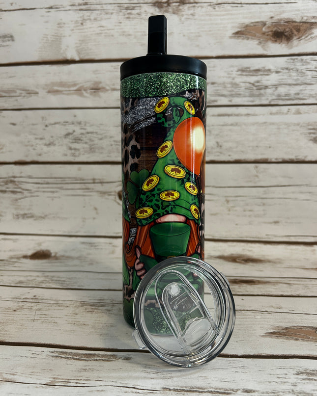 20 oz Skinny Duo Fantasy 3 Gnomes Green n Silver shown with both lids shown