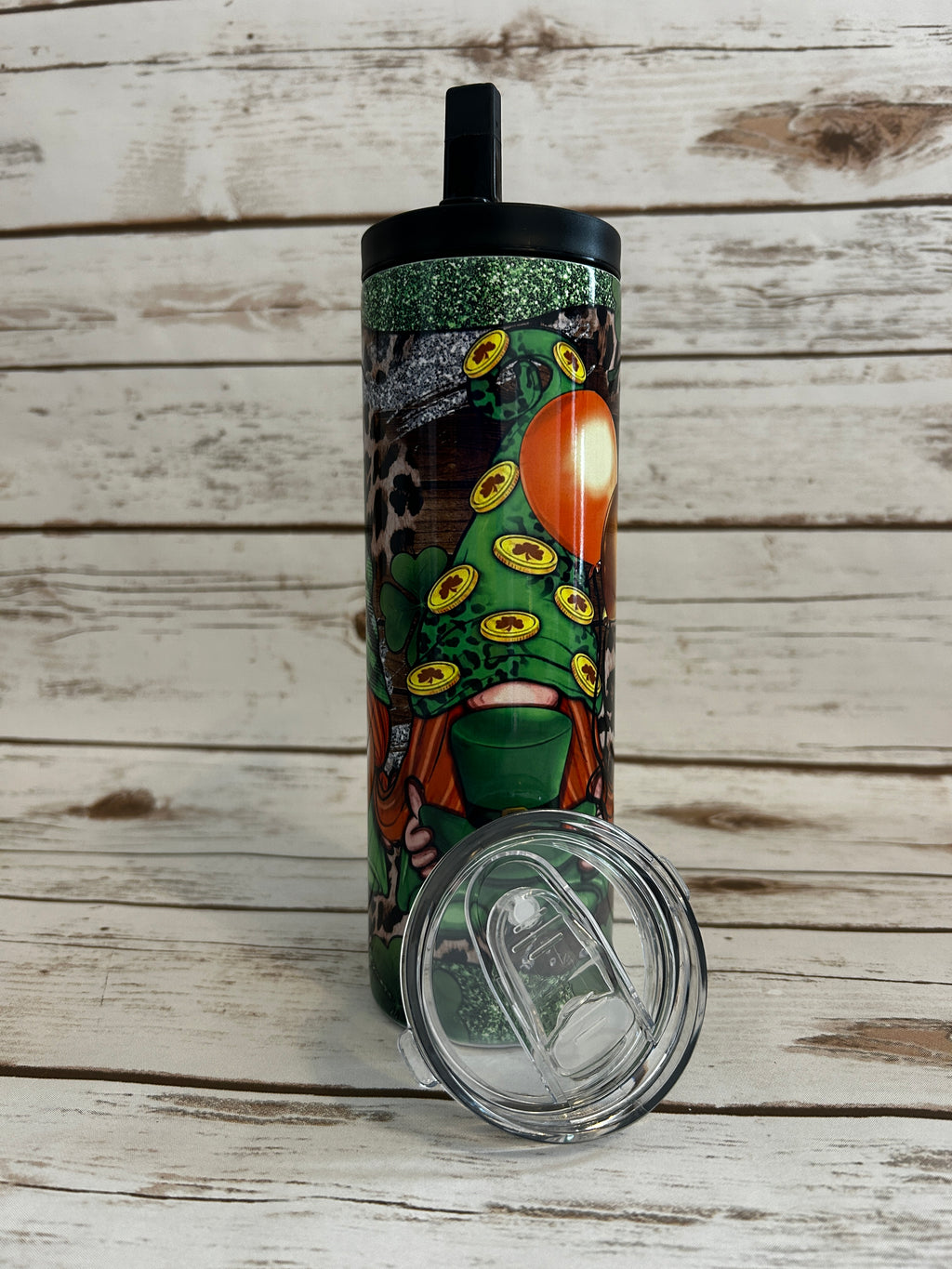 20 oz Skinny Duo Fantasy 3 Gnomes Green n Silver shown with both lids shown