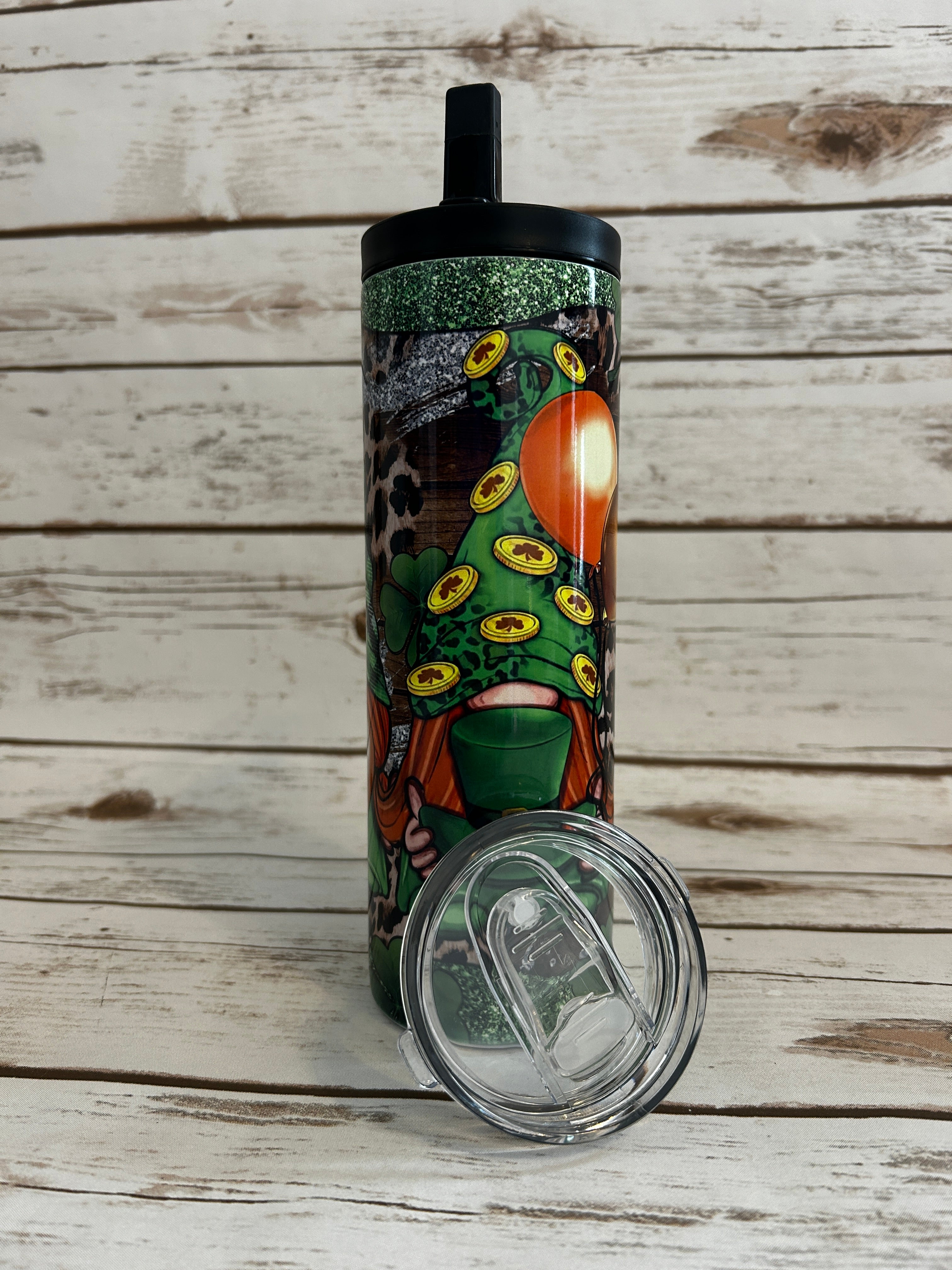 20 oz Skinny Duo Fantasy 3 Gnomes Green n Silver shown with both lids shown