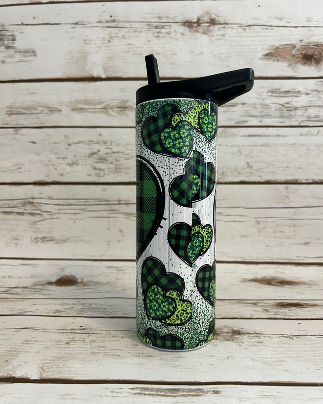 20 oz Skinny Gorgeous Green Hearts shown with bladk flip lid