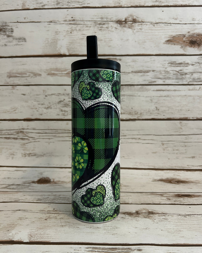 20 oz Skinny Gorgeous Green Hearts shown with bladk flip lid - 2nd View