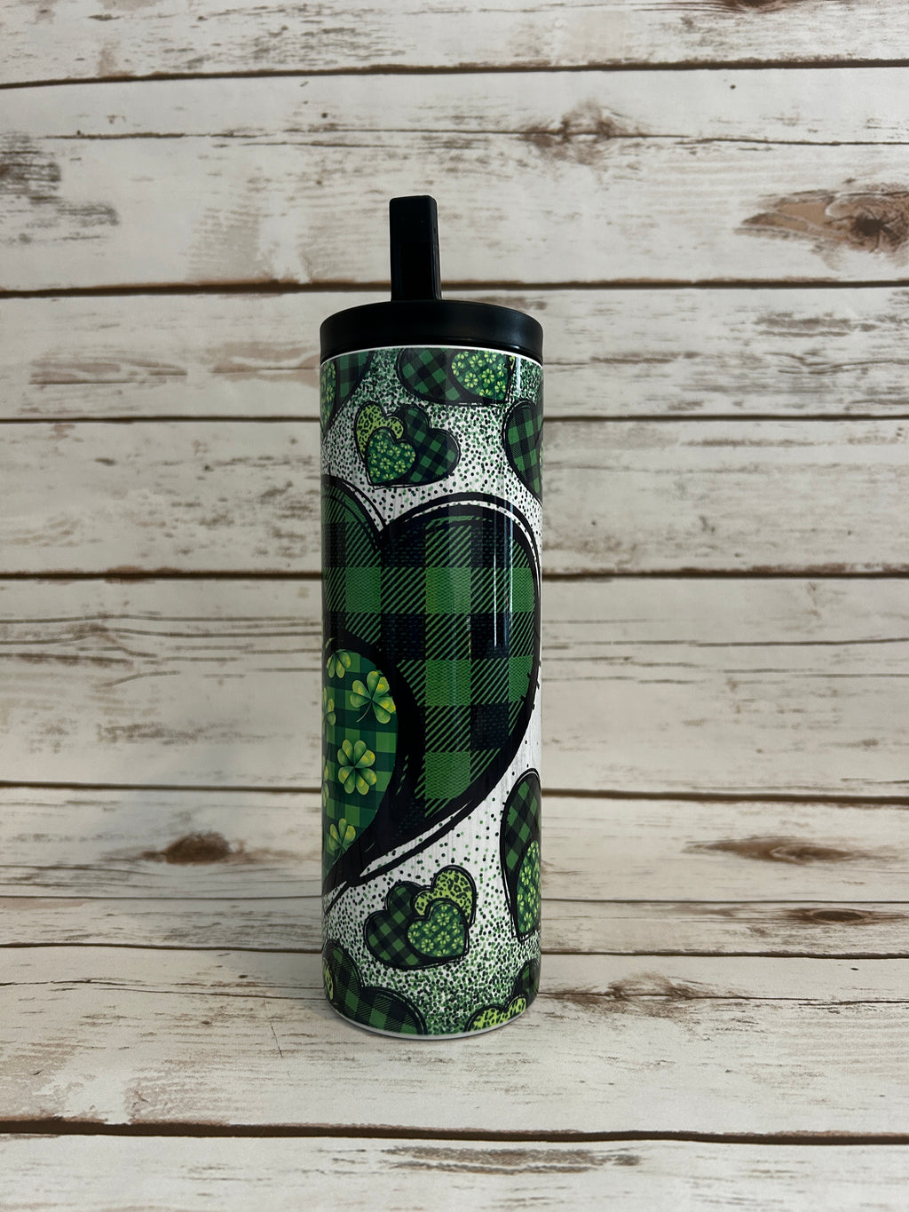 20 oz Skinny Gorgeous Green Hearts shown with bladk flip lid - 2nd View