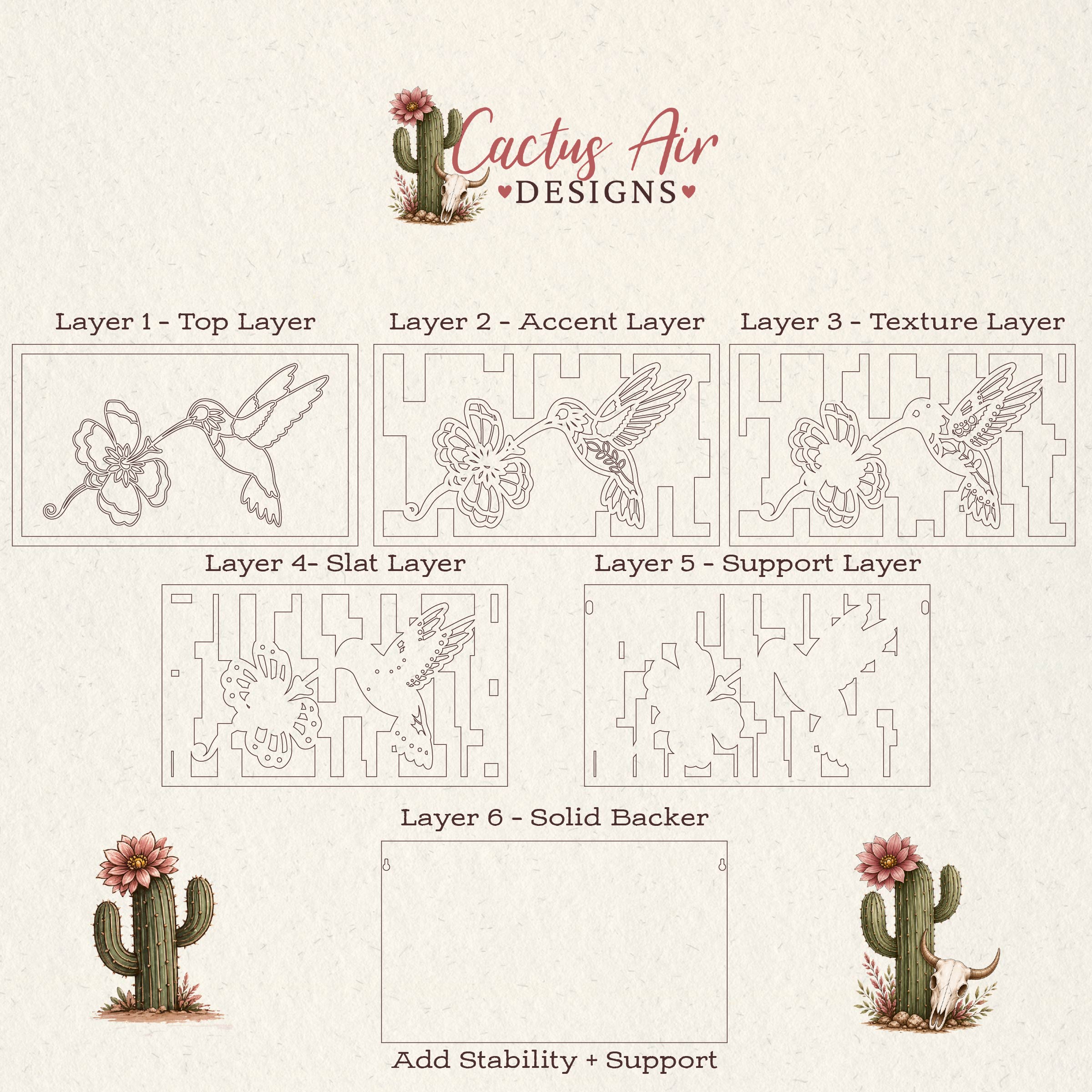Exploded view of a 6-layer hummingbird wood art design showing each laser-cut layer, including top detail, accent, texture, slat, support, and solid backer layers by Cactus Air Designs.
