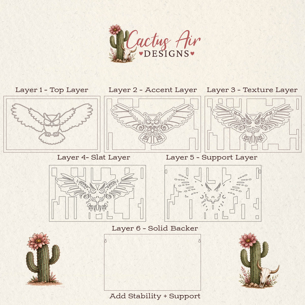 Exploded view of a 6-layer Owl wood art design showing each laser-cut layer, including top detail, accent, texture, slat, support, and solid backer layers by Cactus Air Designs.