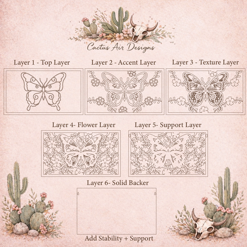 Exploded view of a 6-layer butterfly wood art design showing each laser-cut layer, including top detail, accent, texture, slat, support, and solid backer layers by Cactus Air Designs.