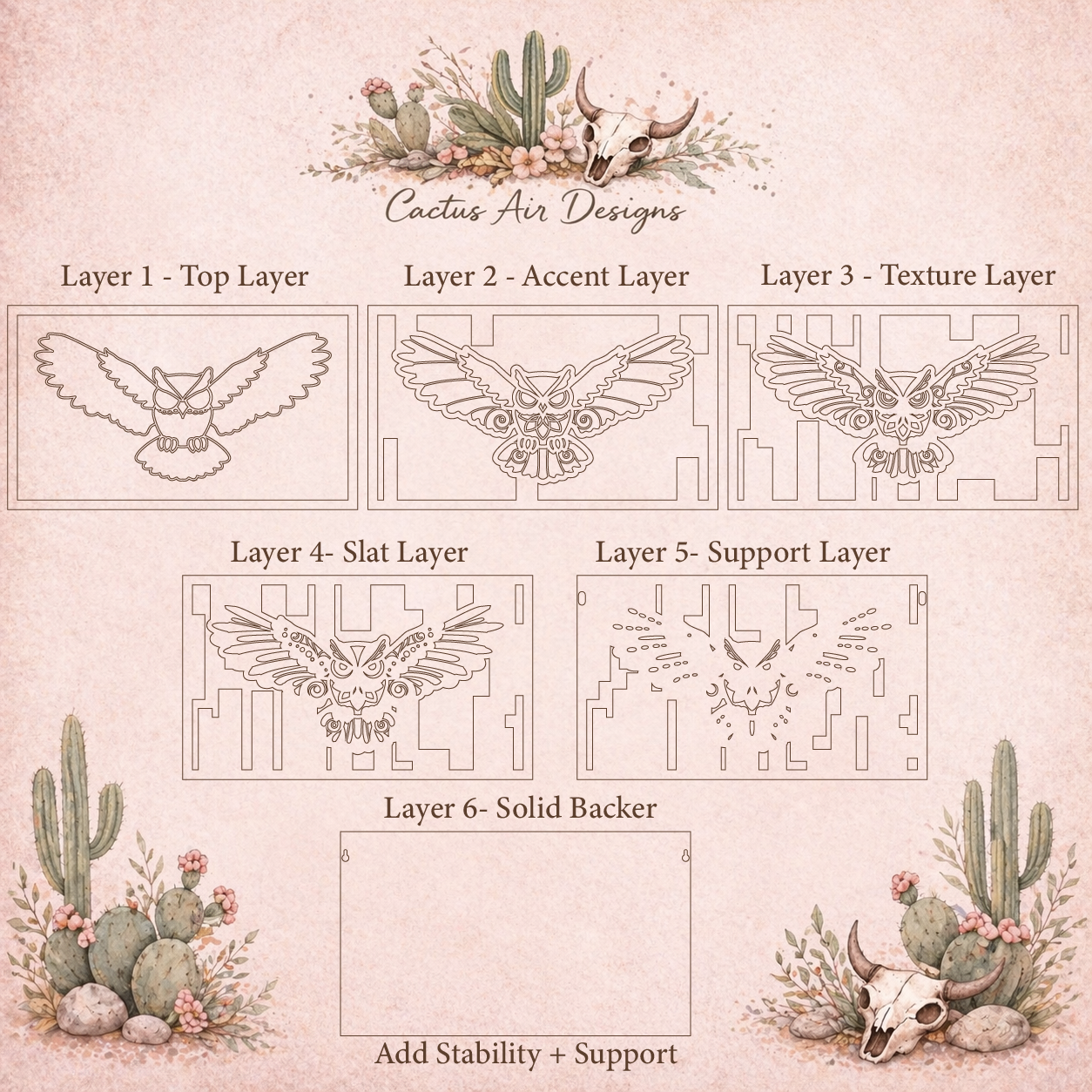 Exploded view of a 6-layer flying owl wood art design showing each laser-cut layer, including top detail, accent, texture, slat, support, and solid backer layers by Cactus Air Designs.