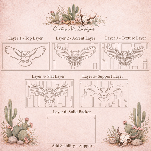 Exploded view of a 6-layer flying owl wood art design showing each laser-cut layer, including top detail, accent, texture, slat, support, and solid backer layers by Cactus Air Designs.