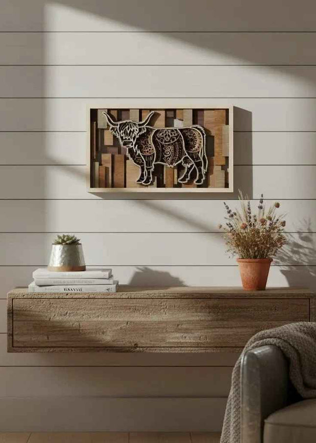 3D Layered Highland Cow Wood Wall Art | Rustic Farmhouse Decor - Wall Art - Cactus Air Designs