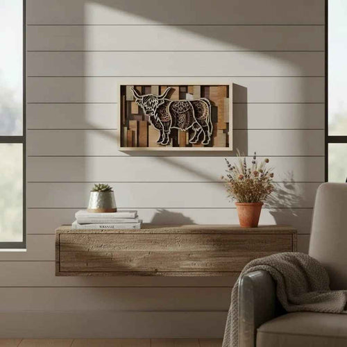 3D Layered Highland Cow Wood Wall Art | Rustic Farmhouse Decor