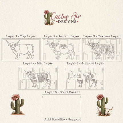 A layered design preview sheet for a cactus and bull illustration, labeled with layers such as Top Layer, Accent Layer, Texture Layer, Slat Layer, Support Layer, and Solid Backer. The sheet shows line-art bull illustrations, cactus-and-cactus pattern layers, and a solid beige background.