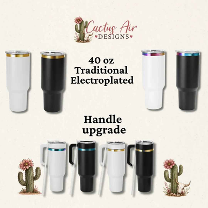 Infographic for the 40 oz Traditional Powder Coated Tumblers that come in Black with Gold, Black with Rainbow, White with Gold or White with Rainbow. 