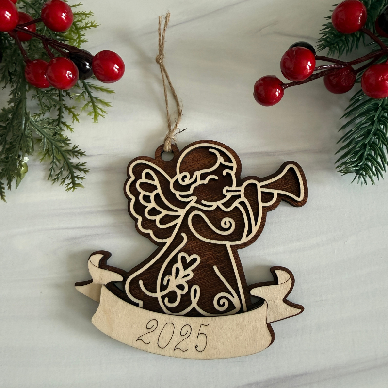 Wooden angel ornament with personalization on Maple and Mahogany wood by Cactus Air Designs