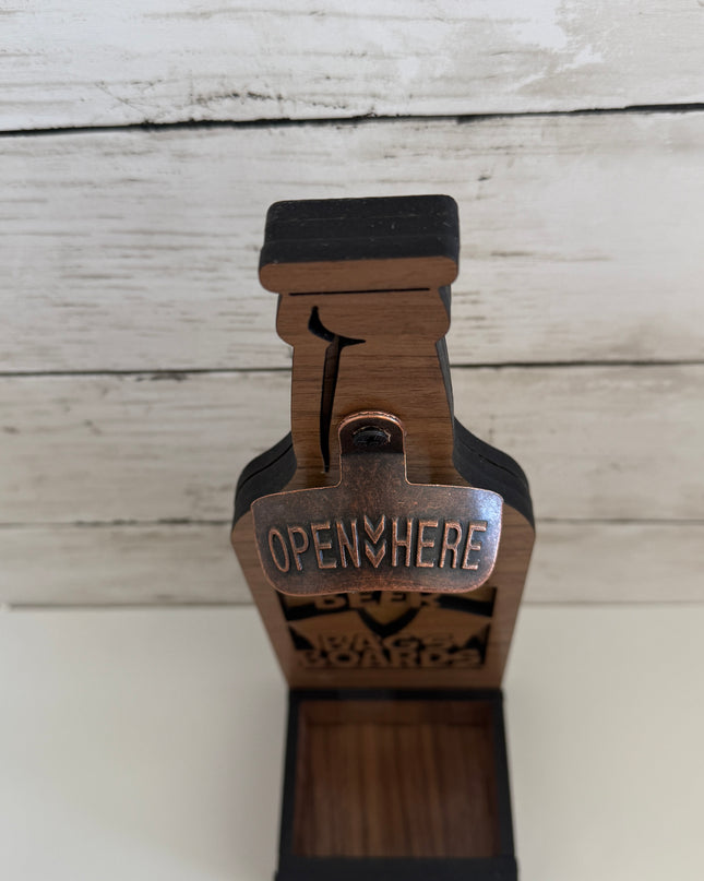 Beer, Bags Boards Bottle Opener with Catcher shaped as Beer Bottle - Top View