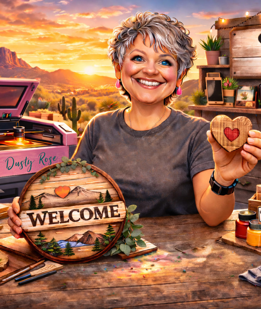 Terrie, owner of Cactus Air Designs, holding handcrafted wooden welcome signs in the Arizona desert.