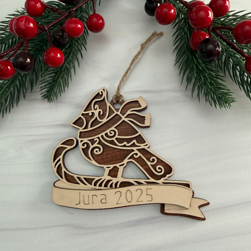 Wooden Cardinal ornament with personalization and Maple and Mahogany wood by Cactus Air Designs