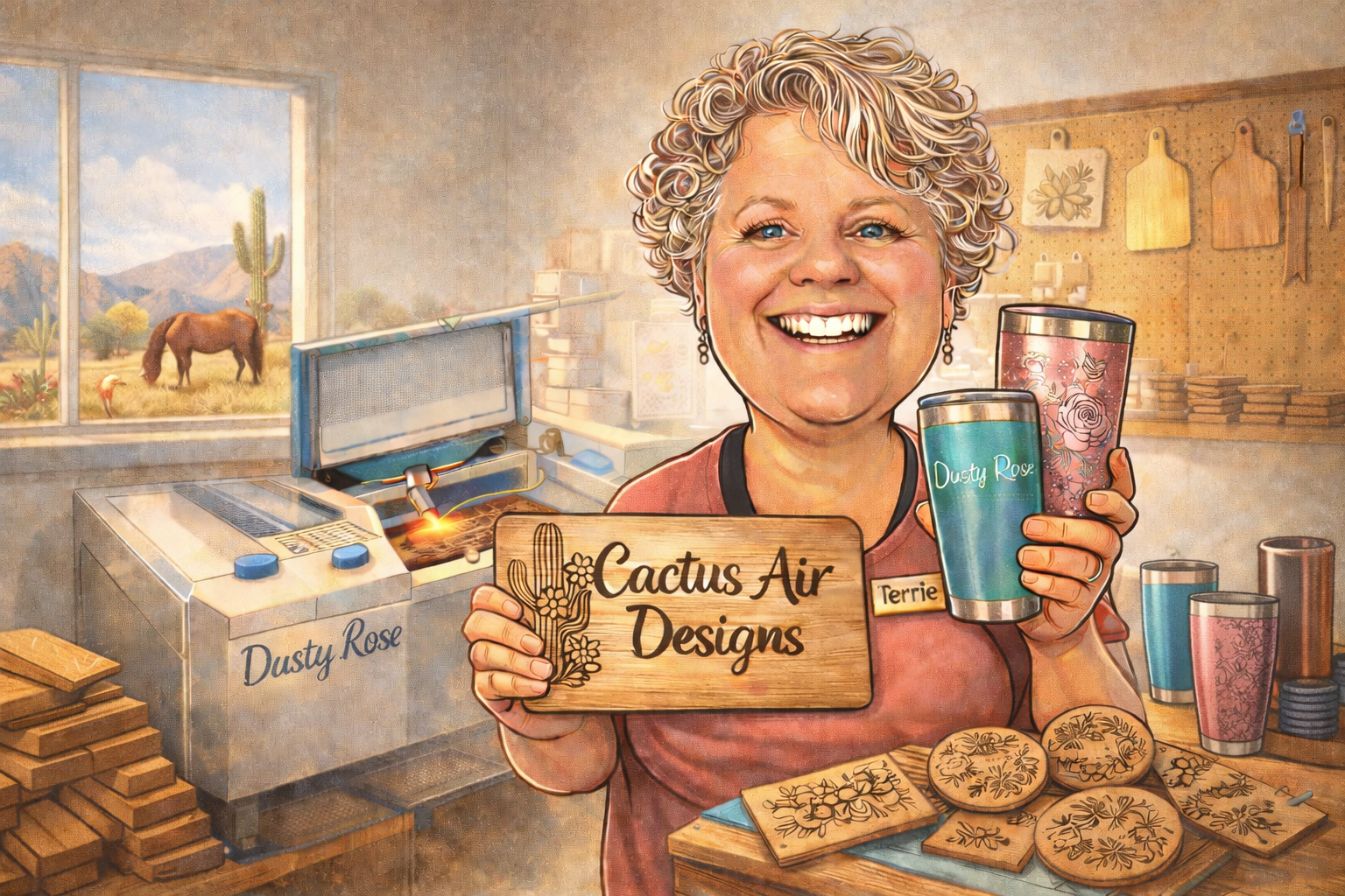 Terrie holding a 'Cactus Air Designs' sign and tumbler in a workshop setting