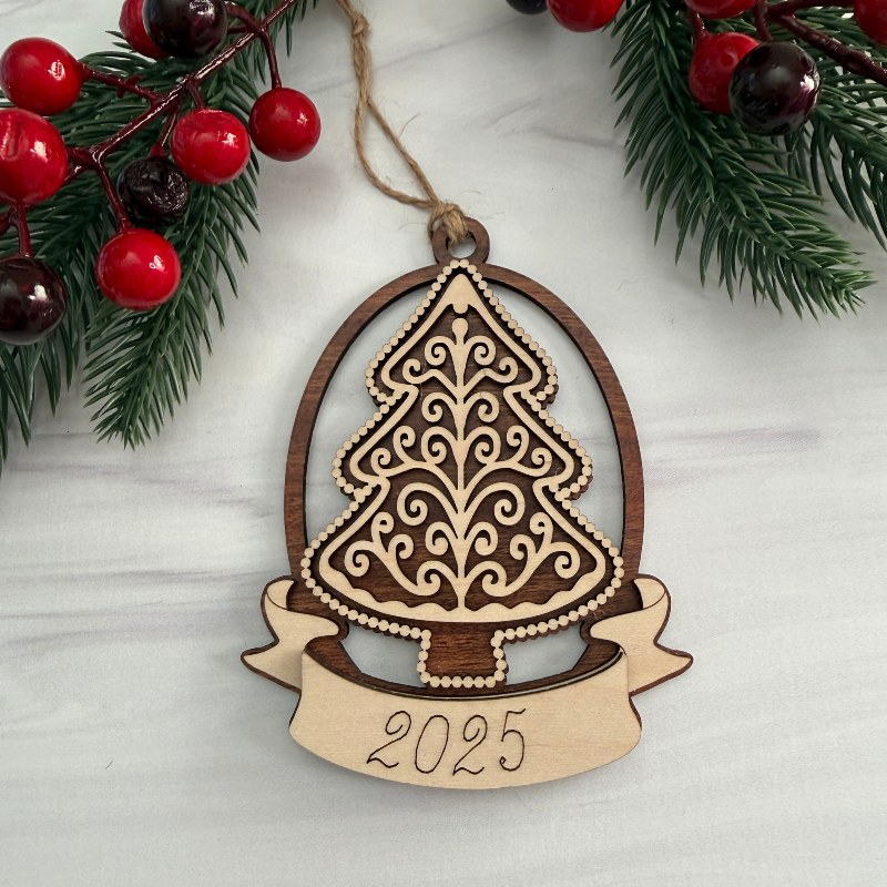Wooden Tree ornament with intricate design and personalized on Maple and Mahogany wood by Cactus Air Designs