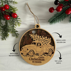 Wooden Christmas ornament with truck design, layered wood finish, and 'Cozy Christmas Wishes' text.