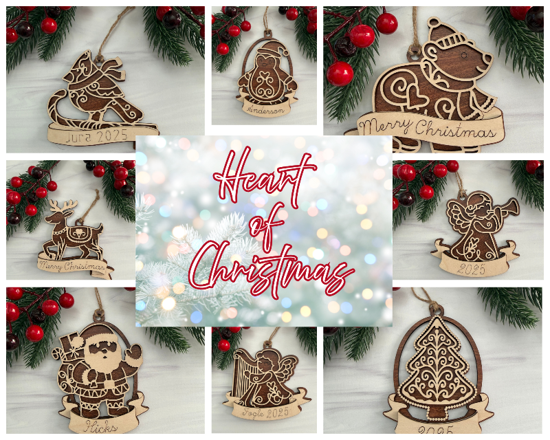 Collage of the Heart of Christmas Ornament Collection by Cactus Air Designs. 