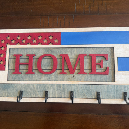 Red, Blue and natural wood Home American Flag theme Keychain Holder