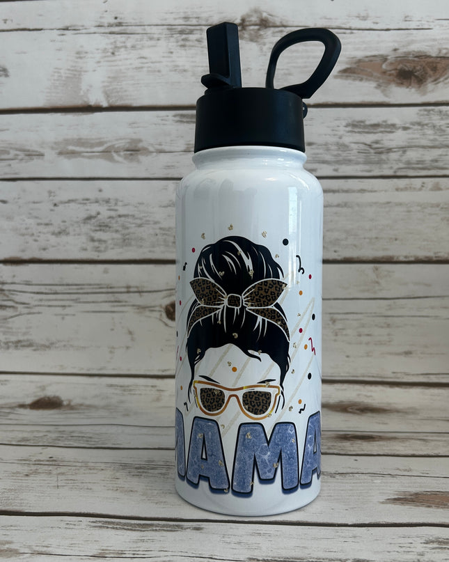 32 oz Bottle with a flip lid with Mama with a Messy Bun Image 