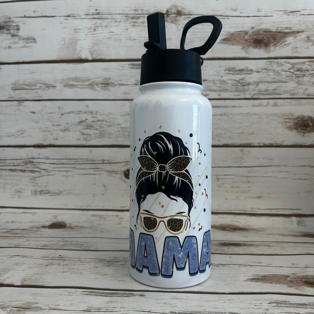 32 oz Bottle with a flip lid with Mama with a Messy Bun Image 