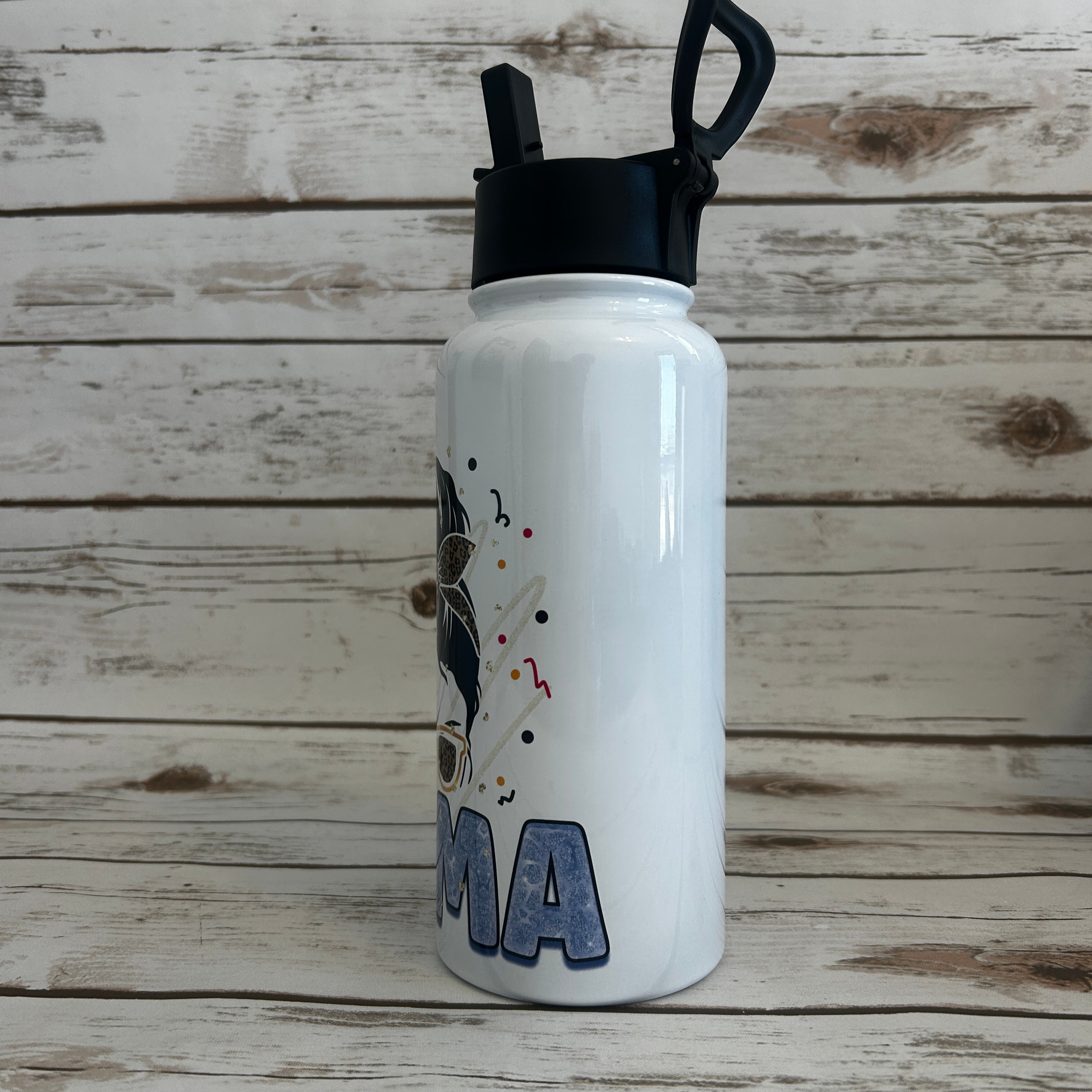 32 oz Bottle with a flip lid with Mama with a Messy Bun Image with a side View #2