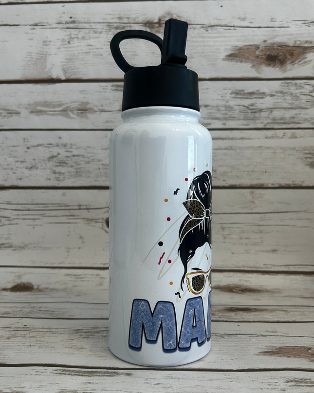 32 oz Bottle with a flip lid with Mama with a Messy Bun Image with a side View