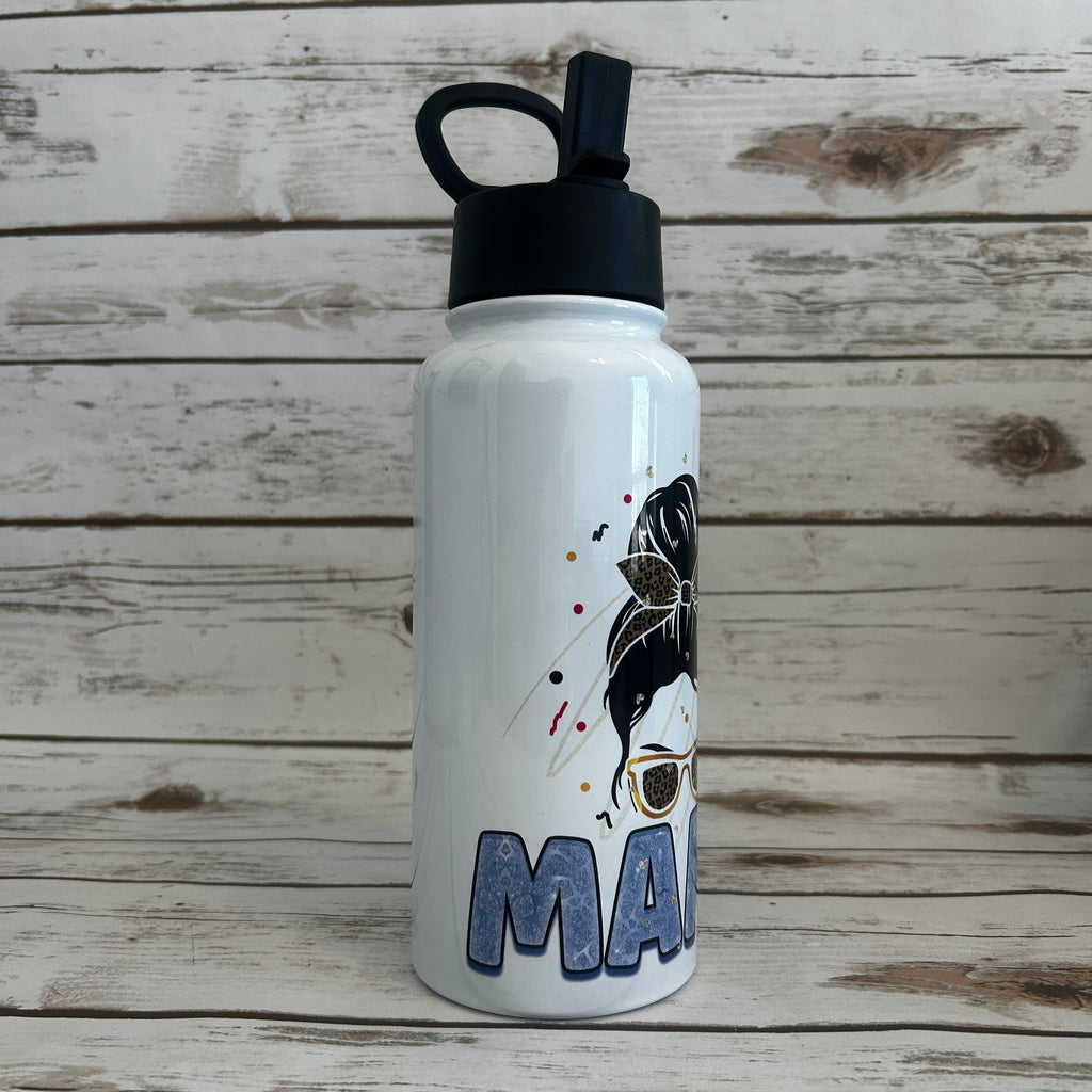 32 oz Bottle with a flip lid with Mama with a Messy Bun Image with a side View
