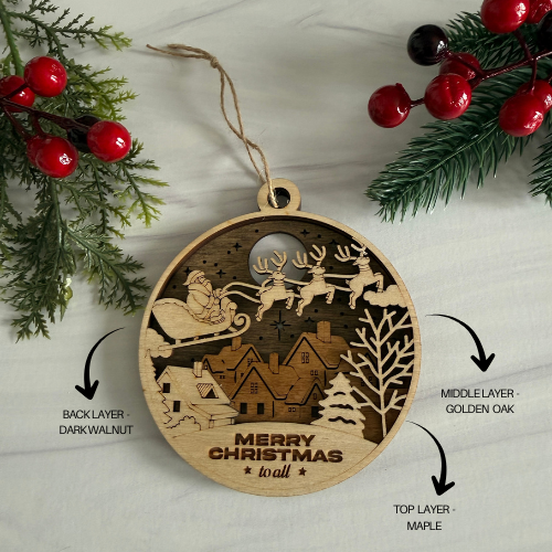 Wooden Christmas ornament with laser-cut design of Santa Claus, reindeer, and houses, surrounded by festive decorations.