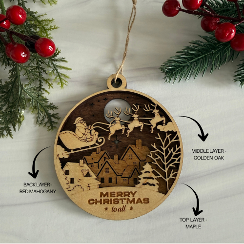 Wooden Christmas ornament with laser-cut design of Santa Claus, reindeer, and houses, surrounded by holly and pine branches.