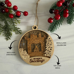 Wooden ornament with layered design and 'Season's Greetings' text, surrounded by Christmas decorations.