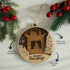 Wooden ornament with layered design featuring a fireplace and 'Season's Greetings' text, surrounded by greenery and red berries.
