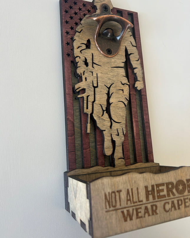 Side Angle of Not All Hero's Wear Capes Bottle Opener with Catcher with two stain colors