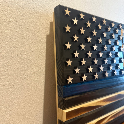Black n Blue Flag with burned wood - Side View