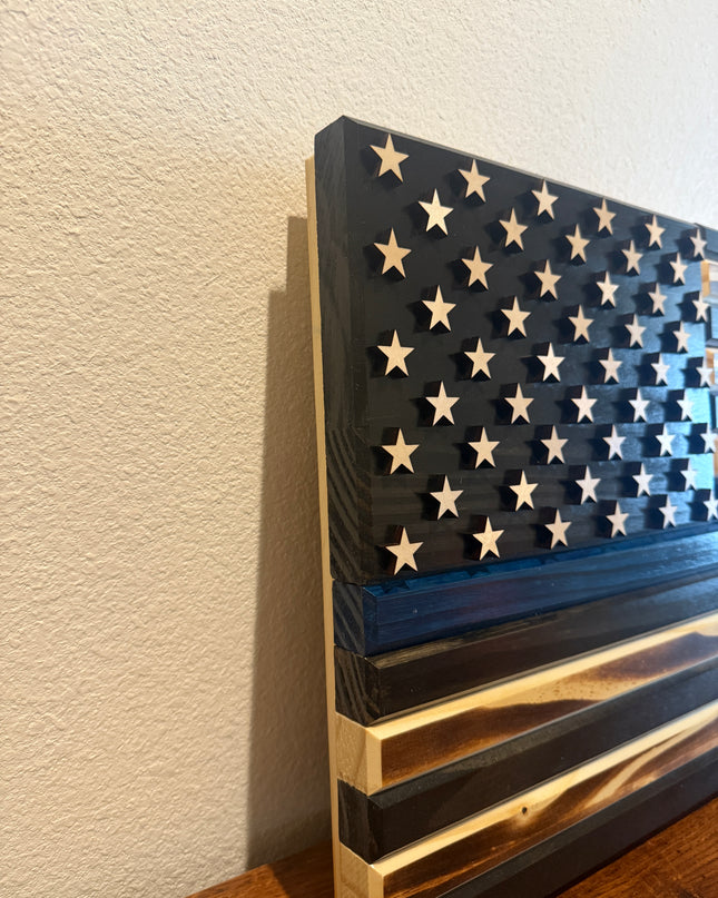 Black n Blue Flag with burned wood - Side View