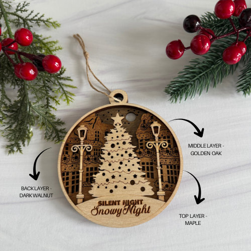 Wooden Christmas ornament with layered design on a white background with holly berries and greenery.