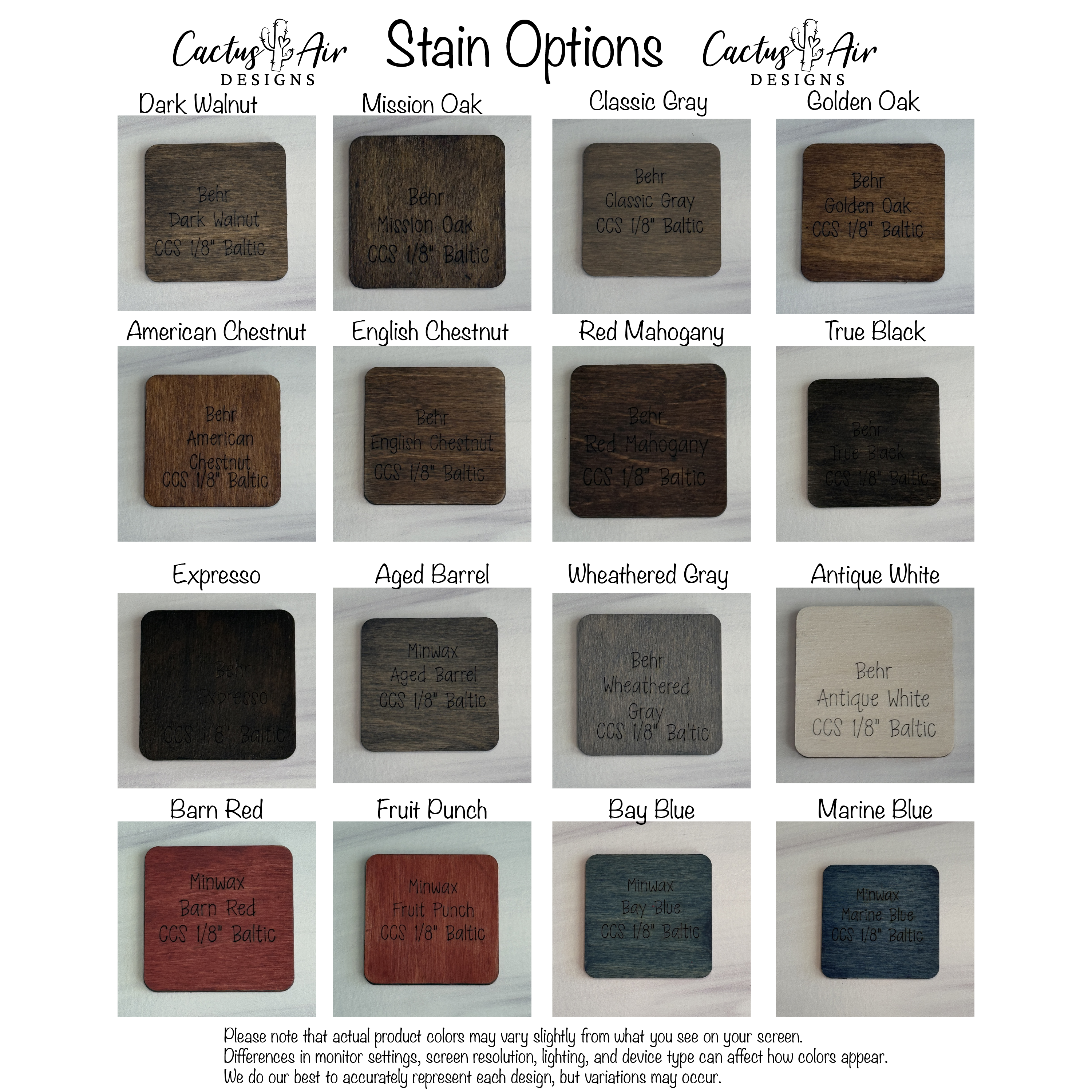 Color swatches for Cactus Air Designs with various stain options.
