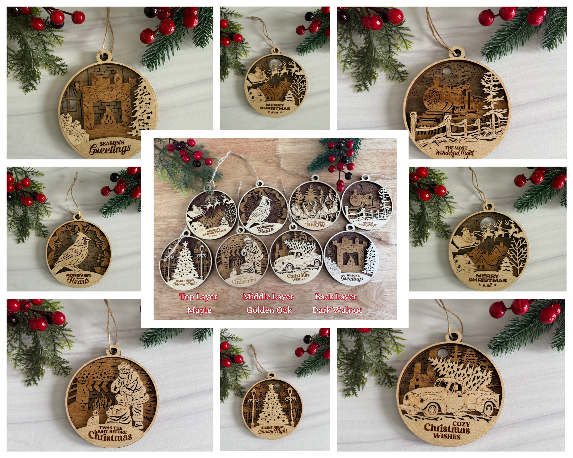 Collage of wooden Christmas ornaments with engraved designs on a white background with red berries and greenery.