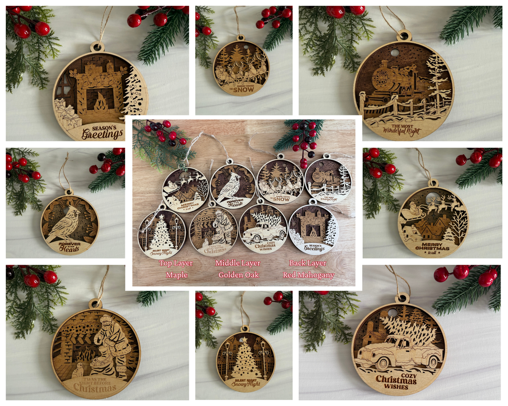 Collage of wooden Christmas ornaments with engraved designs on a white background with greenery and berries.