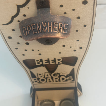 Top View of Catcher of Beer, Bags Boards Bottle Opener with Catcher shaped as Beer Glass