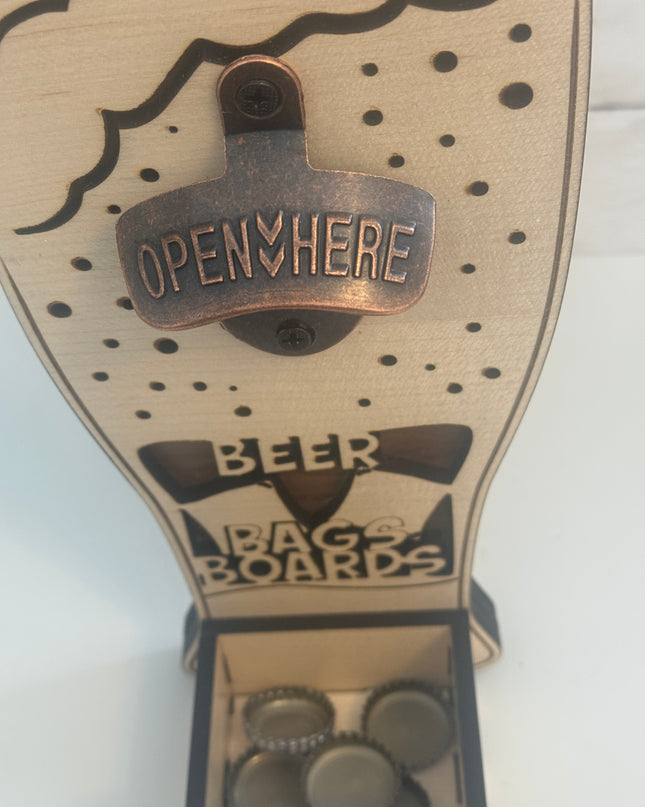Top View of Catcher of Beer, Bags Boards Bottle Opener with Catcher shaped as Beer Glass