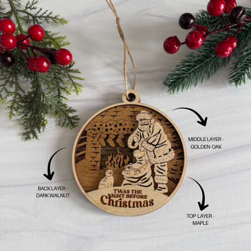Wooden Christmas ornament with Santa Claus design, layered wood finish, and text 'Twas the Night Before Christmas'.