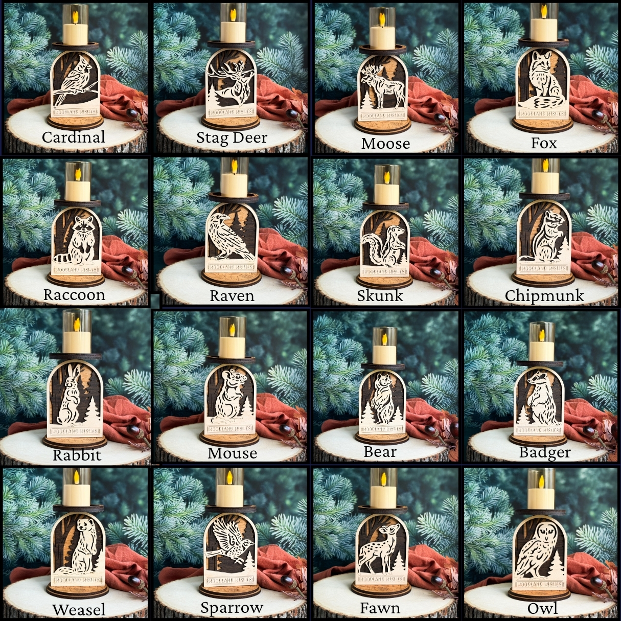 Collage showing the full set of woodland animal candle stands, each laser-cut from high quality plywood.