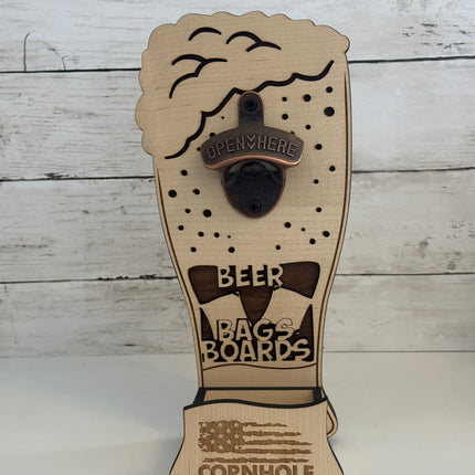 Whole View of Catcher of Beer, Bags Boards Bottle Opener with Catcher shaped as Beer Glass