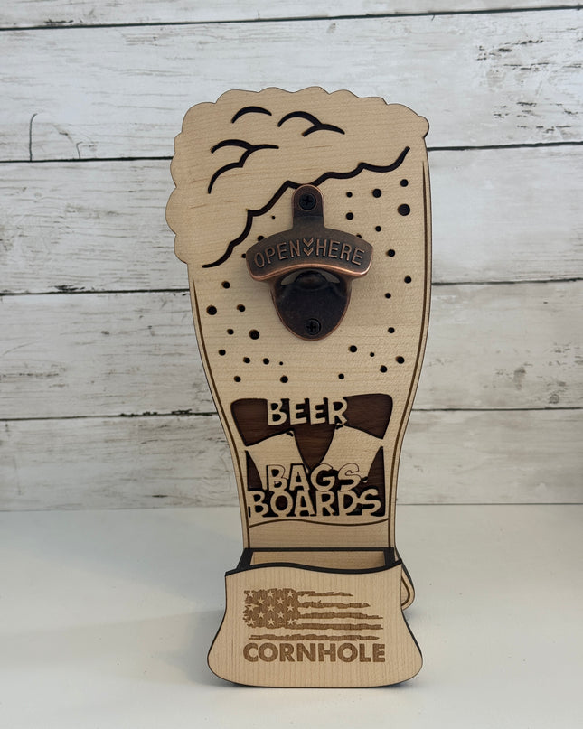 Whole View of Catcher of Beer, Bags Boards Bottle Opener with Catcher shaped as Beer Glass